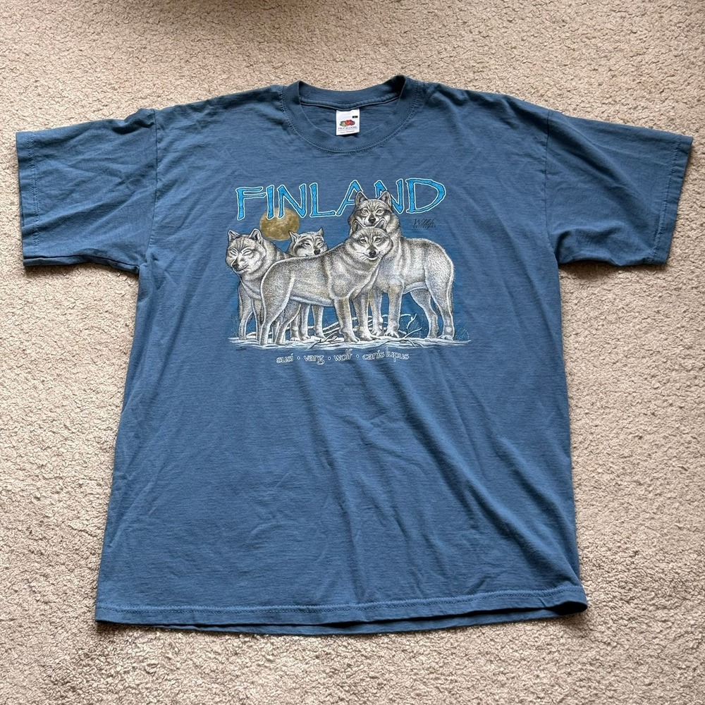 Fruit of the Loom Finland Wolf Wildlife Collection T-Shirt Blue Large CanisLupus